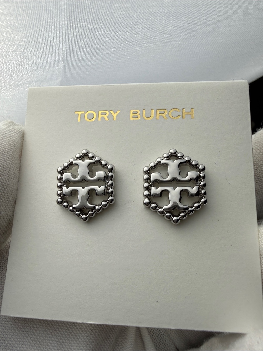Tory Burch Silver Tone Hexagon Logo Stud Earrings - Picture 3 of 5